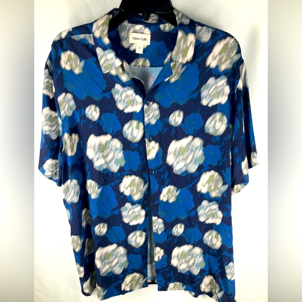 Open Edit Men’s Blue Size L Graphic Button Up Short Sleeve‎ Shirt New With Tags